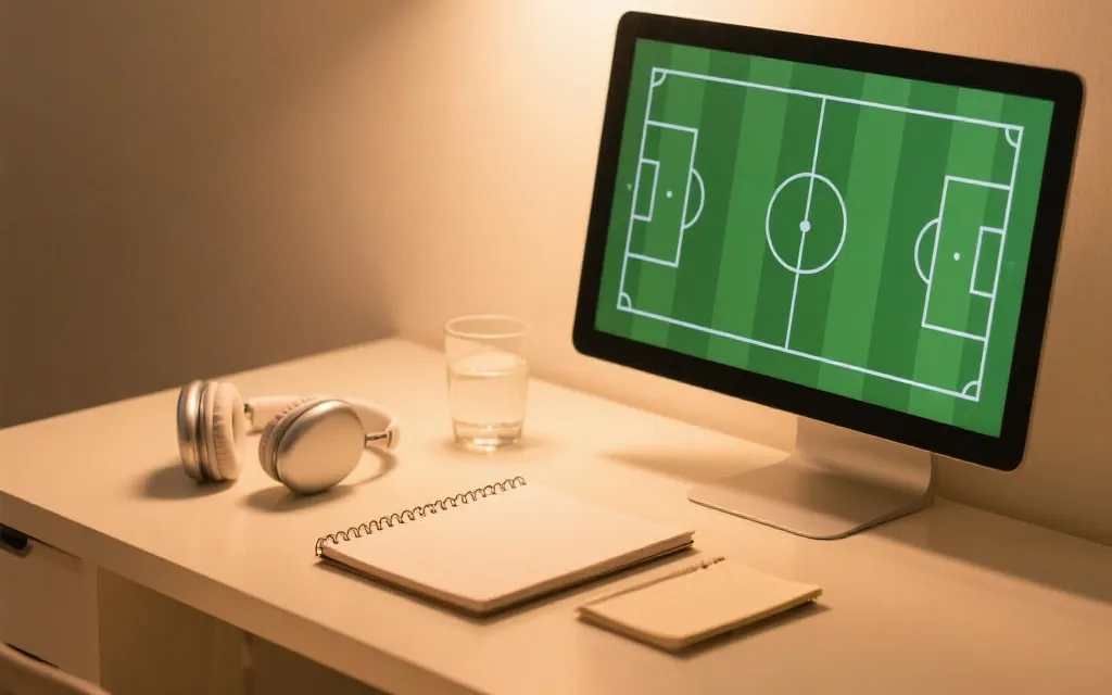 桌面上的计划本与耳机，象征用回放和复盘科学安排世界杯观赛