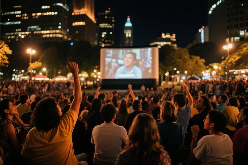 多元族裔人群在城市广场公共观赛，夜晚灯光与屏幕映照，氛围温暖