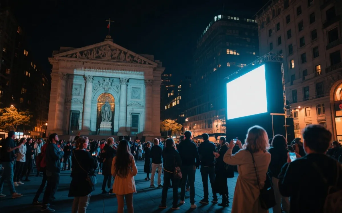 城市地标投影与户外巨幕互动装置：人群在夜晚广场参与应援互动并拍摄分享