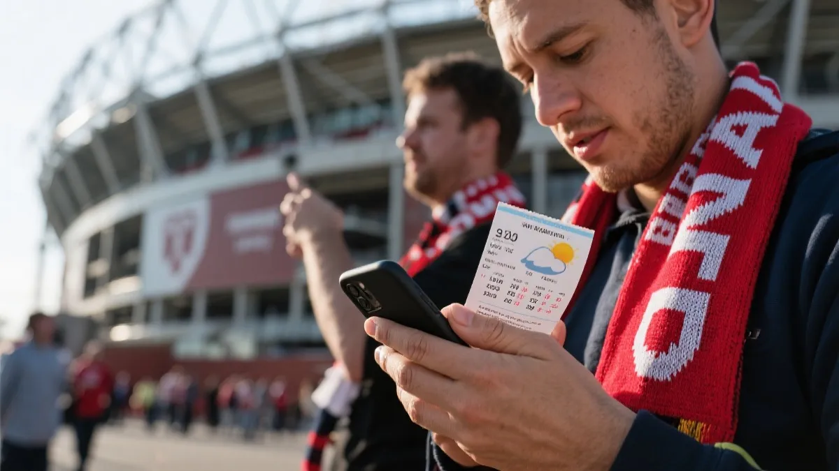 球迷在球场外查看赛程与天气的观赛准备画面