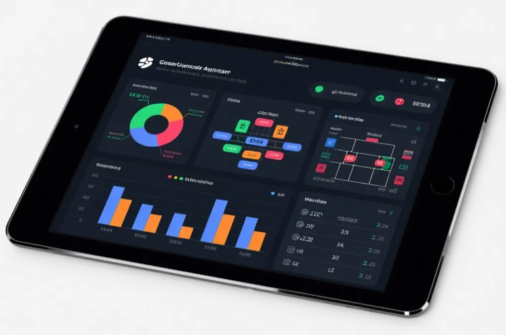 A modern sports analytics dashboard on a tablet displaying tactical charts and match statistics, no branding